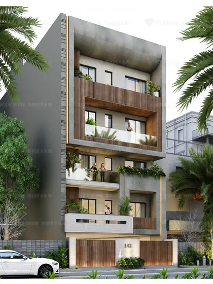A modern residential design for a 227 sq. yard plot in Janakpuri, New Delhi. The facade is characterized by its deep, recessed balconies and a clean, minimalist aesthetic.