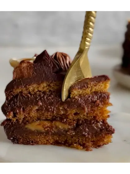 The perfect balance of sweet and nutty in every bite. This is a close-up of my Hazelnut Symphony cake, showing the rich layers of chocolate and hazelnut.
