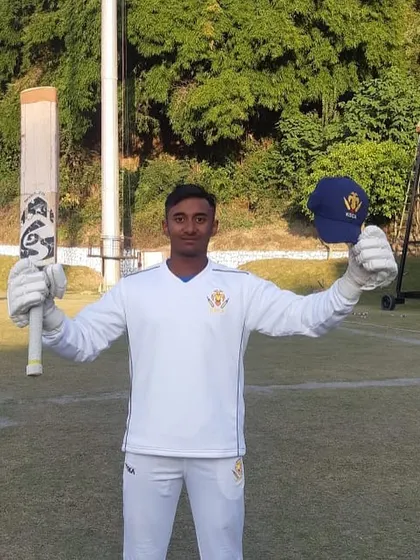 A picture of pure joy and accomplishment. Vishal Onat celebrates a century for Karnataka U-19, having scored an incredible 459 runs in just two innings.
