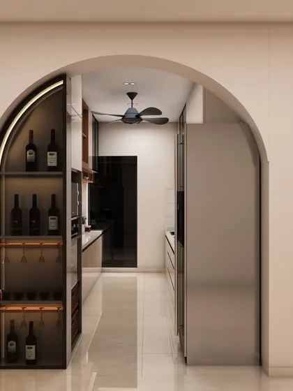 An arched entryway leads into the kitchen, with a custom wine rack and glass holder built in, adding a touch of sophistication.