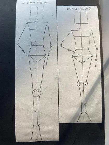 A student's practice sheet showing the basic block construction of 8 head and 10 head fashion figures.
