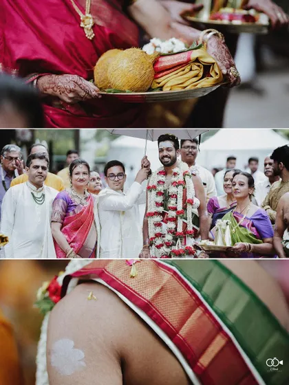 A triptych of details from the groom's procession, including the ceremonial platter and his entrance.