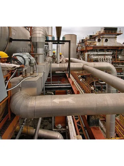 A detailed shot of the complex network of pipes and machinery within a plant. The presence of workers adds a sense of scale and purpose to the industrial scene.