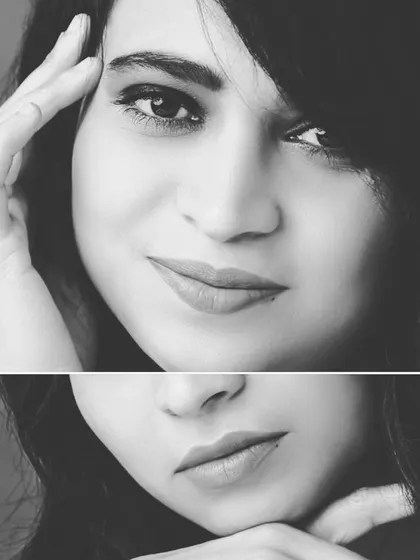 This creative black and white collage combines two different angles of a model's face. It's an artistic approach to a beauty shot, highlighting different expressions and features in a single image.