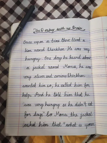 A 10-year-old's retelling of a Panchatantra tale, "The donkey with no brains." His beautiful cursive handwriting is as impressive as his storytelling.