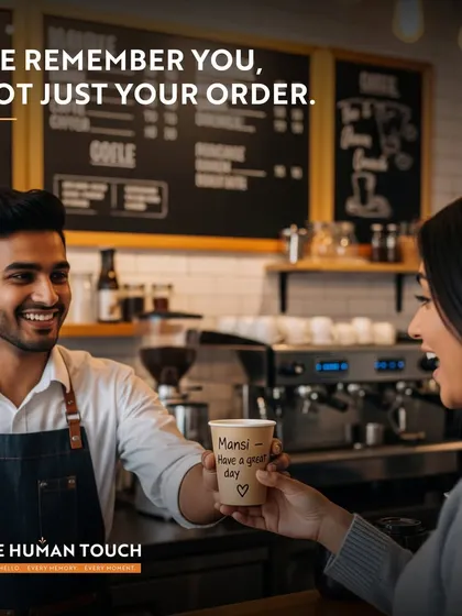 I remember you, not just your order. A barista hands a customer a coffee with her name on it, symbolizing the personal and human touch I strive for in every interaction.