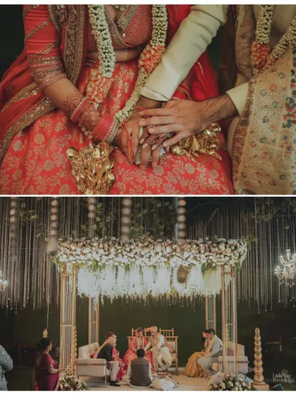 A detail shot of the couple holding hands over the beautifully decorated mandap. We focus on the small details that tell a big story.