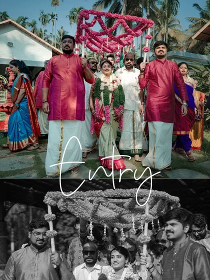The bride's grand entrance under a floral canopy held by her brothers, a beautiful and emotional tradition.