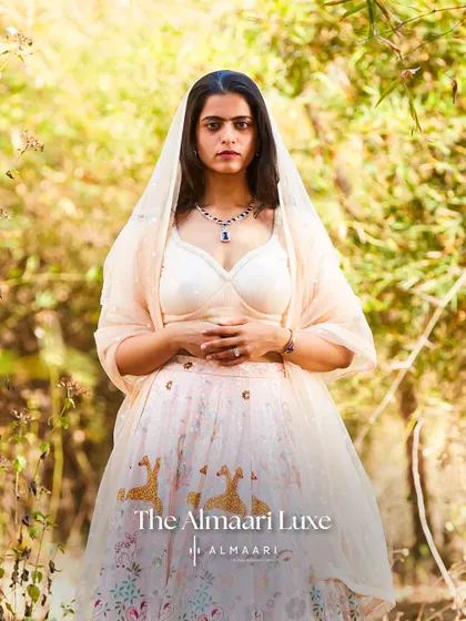A closer view of the pastel lehenga, showing the delicate dupatta and the modern bustier-style blouse. It's a fresh and fashionable take on traditional wear.