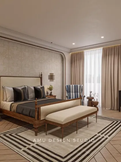 Another view of the same bedroom concept, showcasing a four-poster bed, a matching bench, and a dark wood dresser, all contributing to a cohesive and sophisticated design.