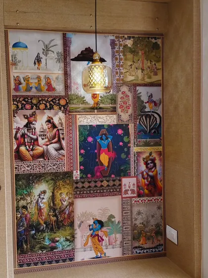 The final look of the intricate Krishna collage wallpaper installed in a custom niche in Chembur. Each panel tells a story, and I ensured they all fit together perfectly.