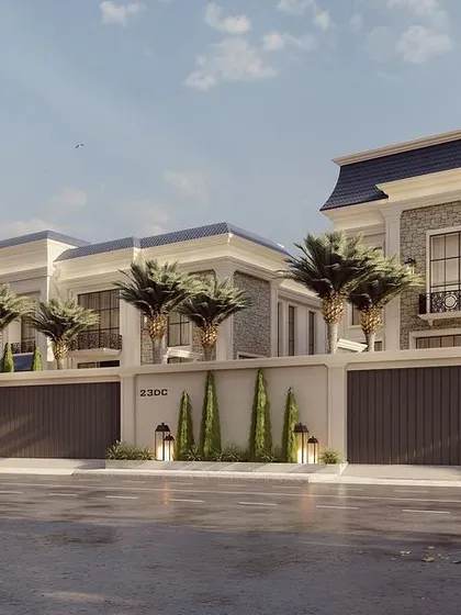 This render showcases a stately residential design with a symmetrical facade, mansard roof, and lush palm trees. The design blends classical European elements with a touch of tropical landscaping for a unique and grand aesthetic.