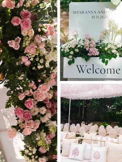 More beautiful details, including the welcome sign, lush floral arrangements, and guest seating.