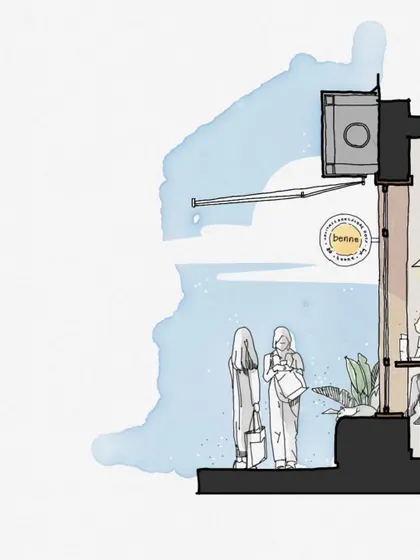 A sectional cut sketch that explores the verticality of the space and the relationship between the different zones, from the entrance to the main dining area.