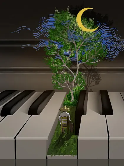 A surreal vision of finding one's own space for creation. I imagine a path of green grass and a single tree growing between the keys of a piano, where the artist sits in quiet solitude under a crescent moon.