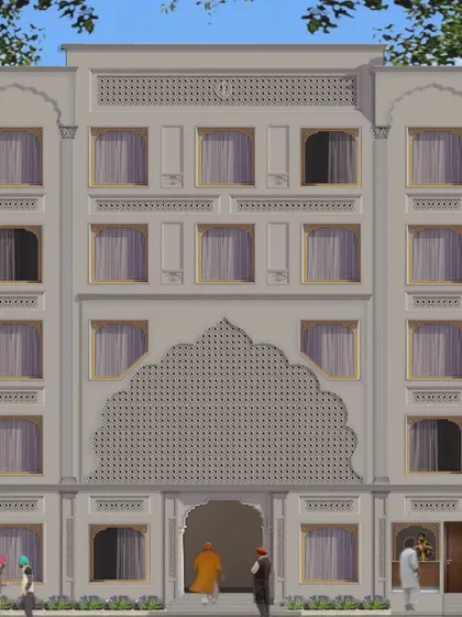 The project elevation for Gurudwara Fateh Nagar in New Delhi. This design features a prominent central arch with detailed latticework, serving as a beautiful and symbolic entrance to the sacred space.