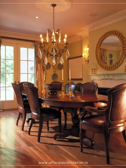 This traditional dining room design exudes classic elegance with its ornate chandelier, rich leather chairs, and a grand wooden dining table, perfect for formal gatherings.