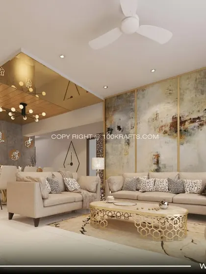A stunning living and dining space from a project in Cochin, where we blended ethnic art with modern furniture. The open layout and artistic coffee table create a focal point for conversation and connection.