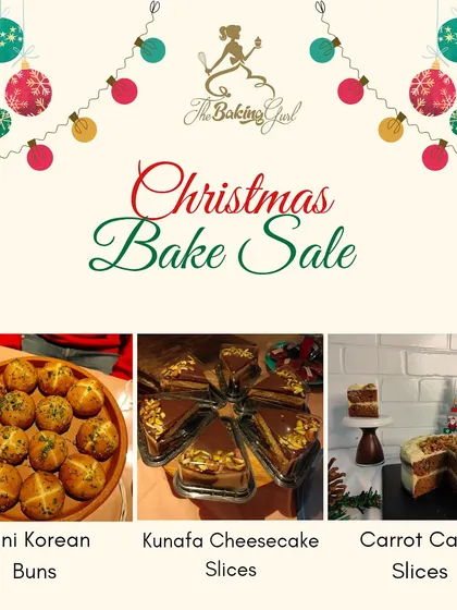 Announcing my Christmas Bake Sale! This graphic showcases the three main items available for pre-order: Mini Korean Buns, Kunafa Cheesecake Slices, and Carrot Cake Slices.