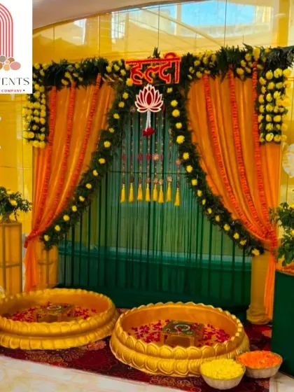 A Haldi ceremony should be full of joy and light. Here, I used a classic combination of marigold flowers and bright yellow and green drapes to create a traditional and cheerful setting. The setup is designed to be perfect for photos while being functional for the ceremony's rituals.