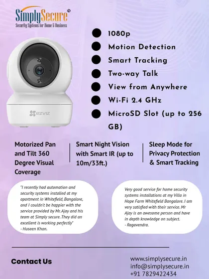 This graphic details the technical specifications of the EZVIZ smart camera, including 1080p resolution, motion detection, and two-way talk functionality. We believe in transparency and provide our clients with all the information needed to understand the capabilities of their system.