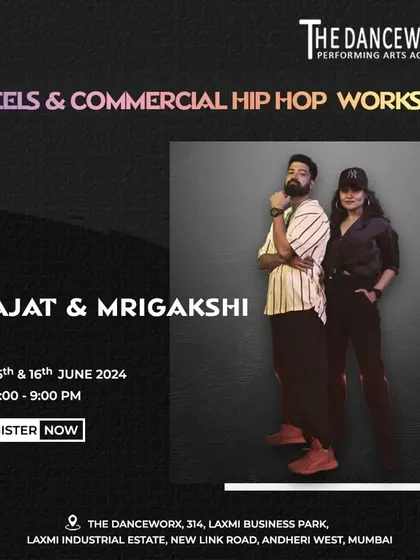 The official poster for our "Heels & Commercial Hip Hop Workshop" with Rajat & Mrigakshi, part of our Outreach Program to bring diverse talent to our students.