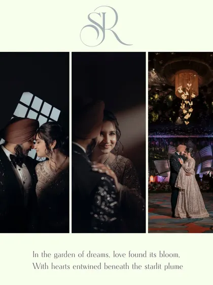 A collage of moody and romantic moments from Sahib and Ravleen's engagement. From intimate close-ups to a wide shot of them dancing under a butterfly chandelier, it's a garden of dreams.