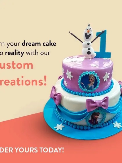 Bring your child's favourite characters to the party with a custom theme cake. This two-tiered 'Frozen' cake, complete with an Olaf topper, is crafted with detailed fondant work to make any birthday magical.