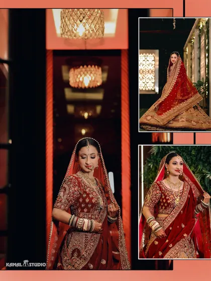 A collage of the bride's portraits, capturing her in different elegant poses in her red velvet lehenga.