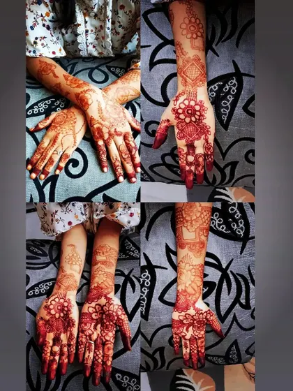 A collage showcasing various floral mehendi designs after they have stained. This gives you an idea of the different floral patterns I can create for you.
