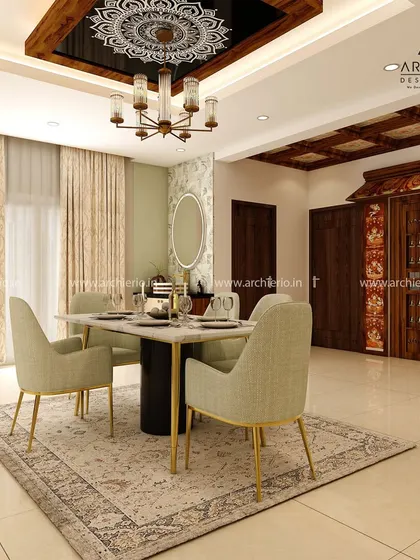 A dining room that blends modern furniture with traditional architectural details. The intricately carved wooden pooja doors and mandala art on the ceiling are stunning focal points.