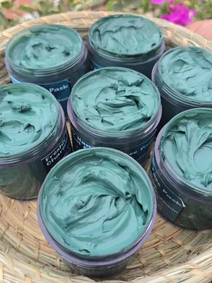 A basket full of my handmade Charcoal Face Pack. This is my go-to recommendation for anyone looking for an ultimate skin detox to draw out impurities.
