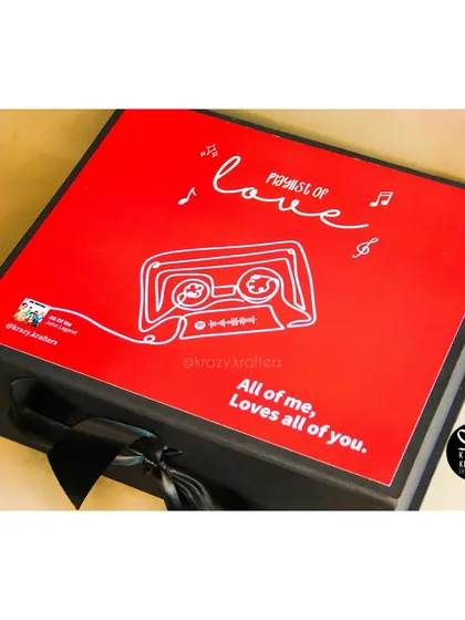 The custom-designed 'Playlist of Love' box for our music-themed Valentine's hamper.
