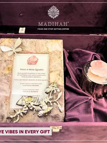 Positive vibes in every gift. The card included in my Rose Quartz Aura Hampers explains the emotional and healing properties of the stone, adding a layer of meaning to your thoughtful gift.