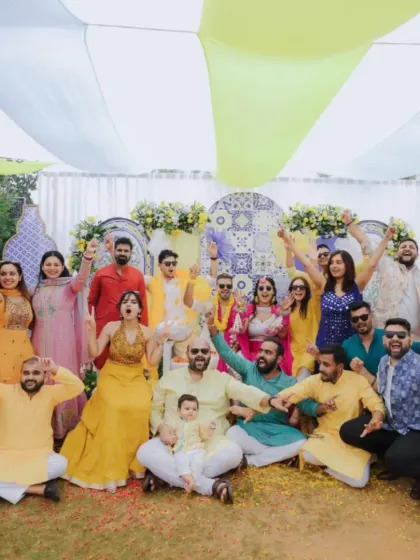 A happy group photo capturing the vibrant energy of a Haldi ceremony. My goal is to create an atmosphere where friends and family can celebrate together in style.