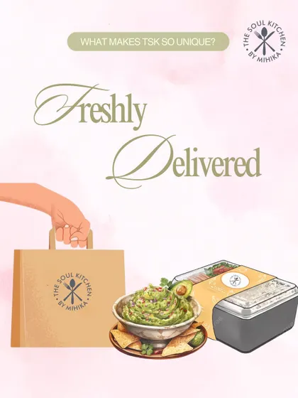 What makes us unique? We offer freshly delivered gourmet food right to your door. This graphic illustrates our promise of convenience without compromising on quality.