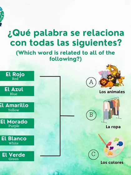 Which word is related to all of the following: 'rojo', 'azul', 'amarillo'? Is it 'los animales', 'la ropa', or 'los colores'?
