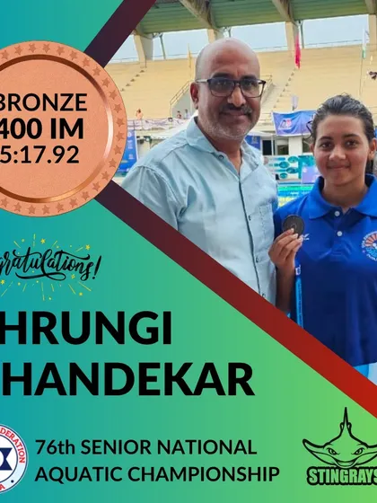 Here is Shrungi Bhandekar with her coach after winning a bronze medal in the 400m Individual Medley at the 76th Senior National Aquatic Championship. This is a huge achievement in a demanding event.