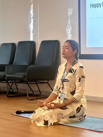A close up of me in a meditative state while leading the session at Autoliv. It is important for me to be fully present and connected to the energy of the group.