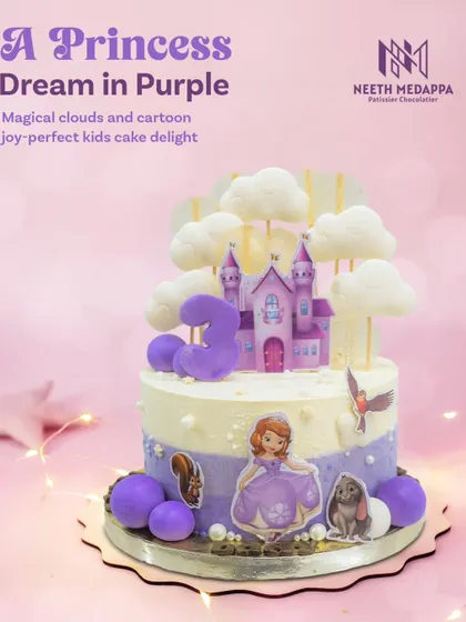 A princess dream in purple. This Sofia the First cake features a castle in the clouds, fluffy cloud details, and the princess herself, ready for a royal celebration.