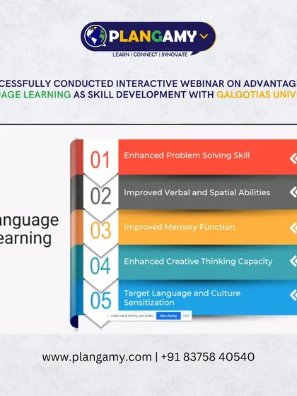 This slide from our webinar with Galgotias University outlines the key cognitive benefits of language learning, such as enhanced problem-solving and improved memory.