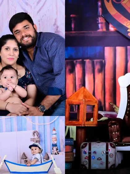 A collage featuring a family portrait, a Harry Potter theme, and a sailor theme, demonstrating the variety of shoots available.