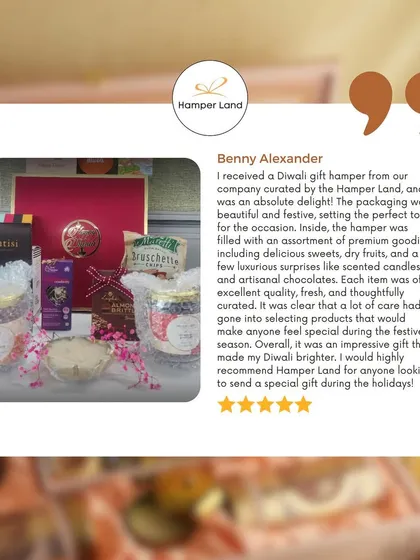 This review from a corporate client praises their Diwali gift hamper for its beautiful packaging, premium goodies, and thoughtful curation, noting it made their festival brighter.