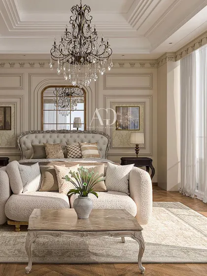 This bedroom is an oasis of elegance and comfort, featuring a harmonious blend of lavish textures and refined aesthetics. The design showcases bespoke craftsmanship, from the paneled walls to the custom upholstered bed.