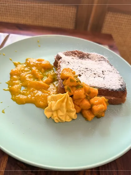 Celebrating mango season with my special Mango French Toast. It's served with a fresh mango compote, mango salsa, and a dollop of vegan whipped cream for a taste of summer.