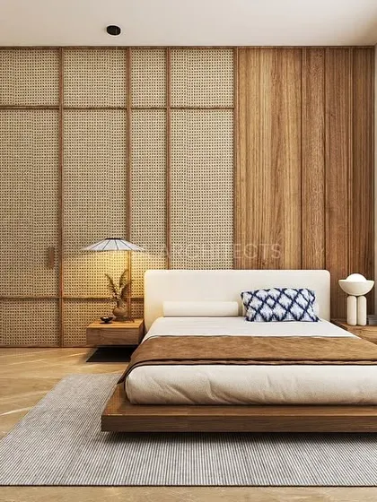 A minimalist bedroom concept with Japanese-inspired design elements, including a low platform bed and textured wall panels in wood and fabric.