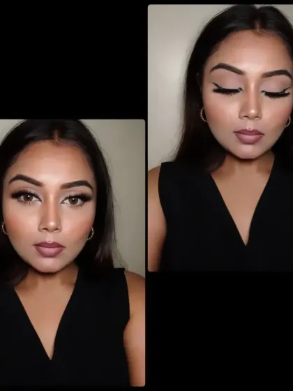 A side-by-side comparison showing the key features of the Latina makeup look. The heavy lashes and strong contour are essential for creating this sculpted and glamorous effect.