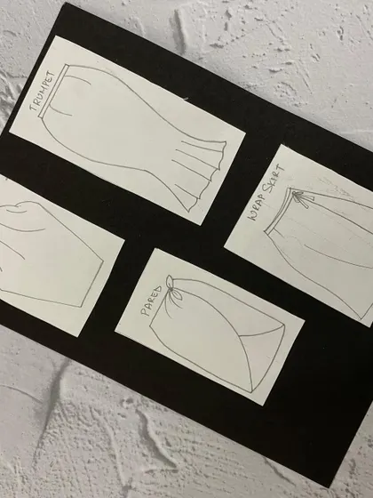 A collection of flat sketches showing different skirt silhouettes like trumpet and wrap skirts. Flat sketches are essential for technical design packs.