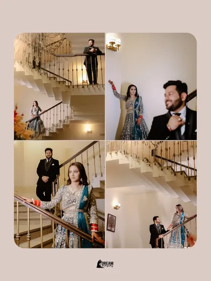 A four-panel collage of Nikhil and Khushbu on a grand staircase, capturing their playful and romantic interaction.