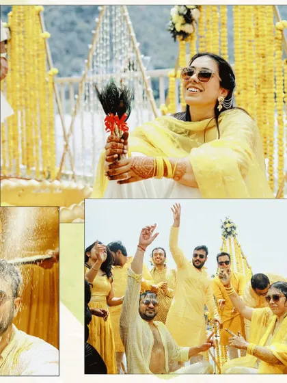 A collage showing more candid moments from a Haldi party, including the bride holding a traditional whisk and the groom getting playfully doused.